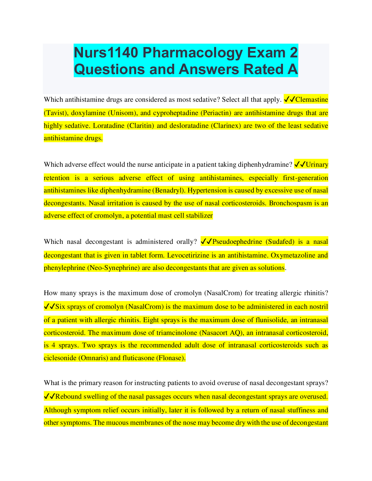 Preview of Nurs1140 Pharmacology Exam 2 Questions and Answers Rated A